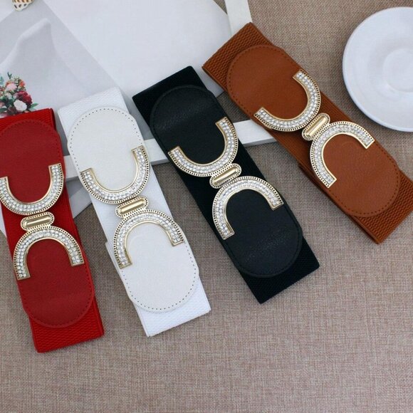 Rhinestone Buckle With Elastic Waist Belt Brown - Picture 2 of 3